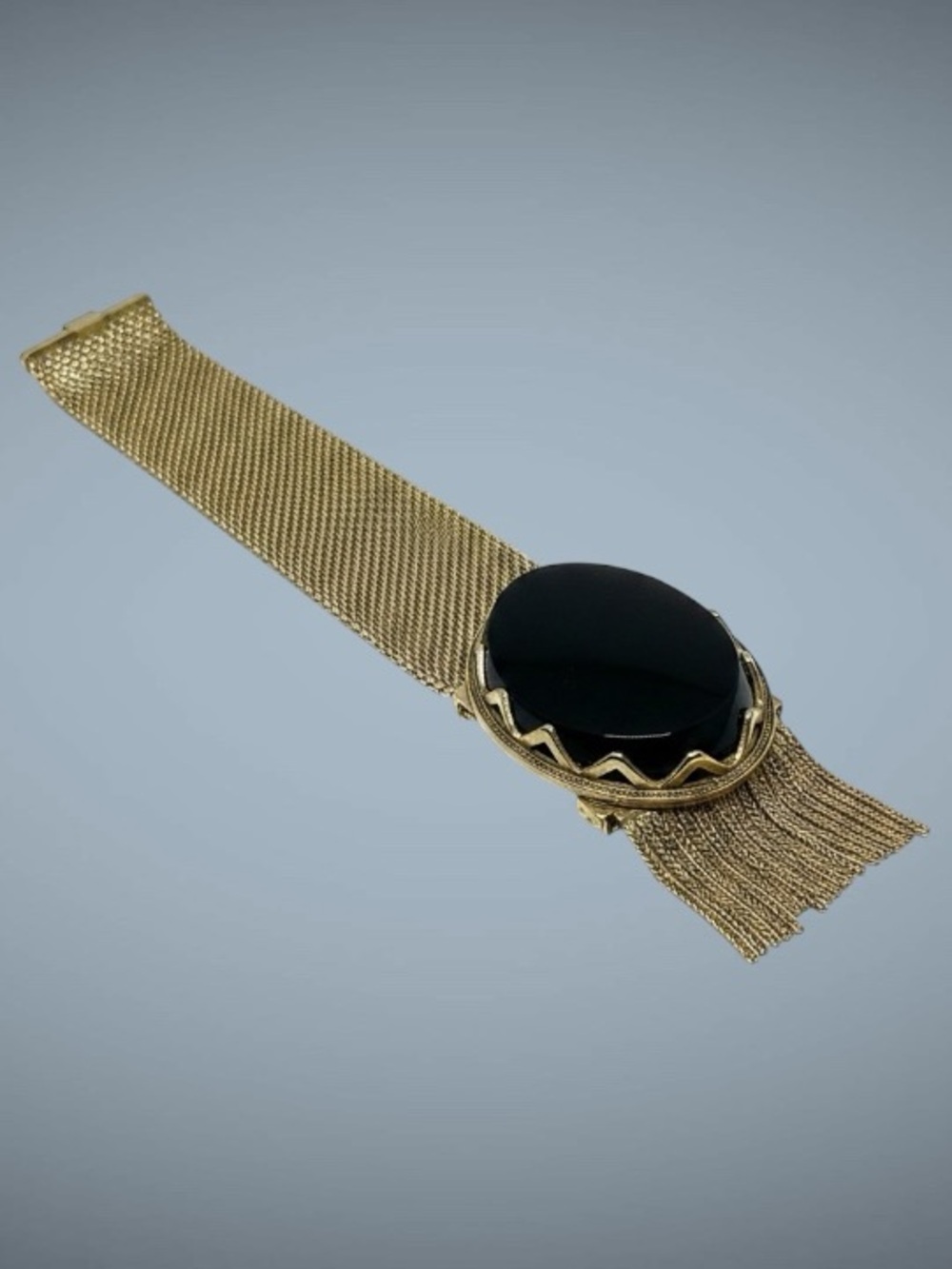 Whiting & Davis Gold Mesh Bracelet Carnelian Colored Cabochon & Tassel Fringe